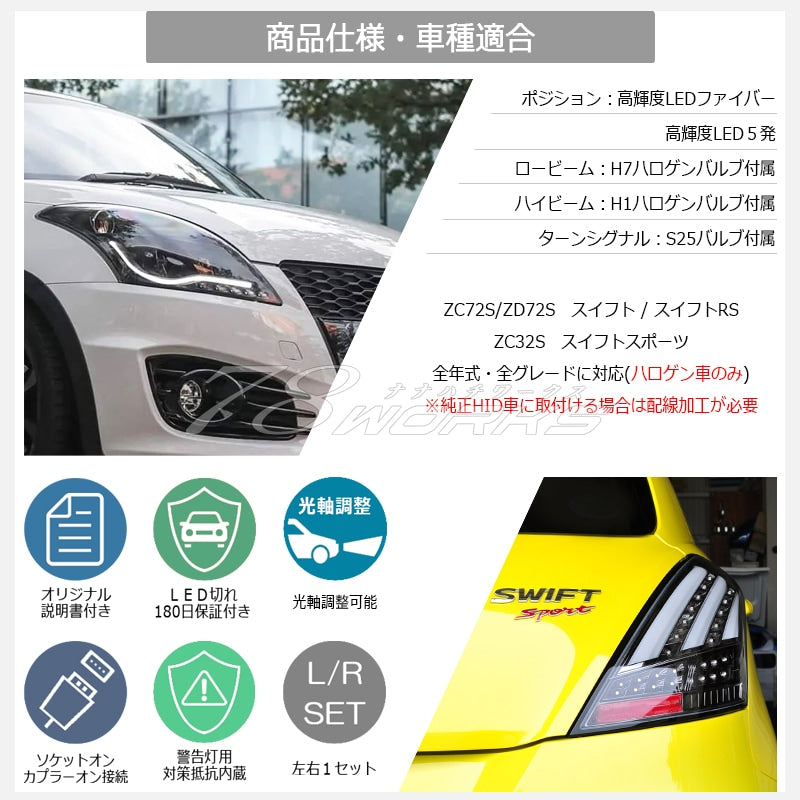 ZC72S ZD72S ZC32S スイフト RS スイフトスポーツ ファイバー LED ヘッドライト V2 ブラック — image 4