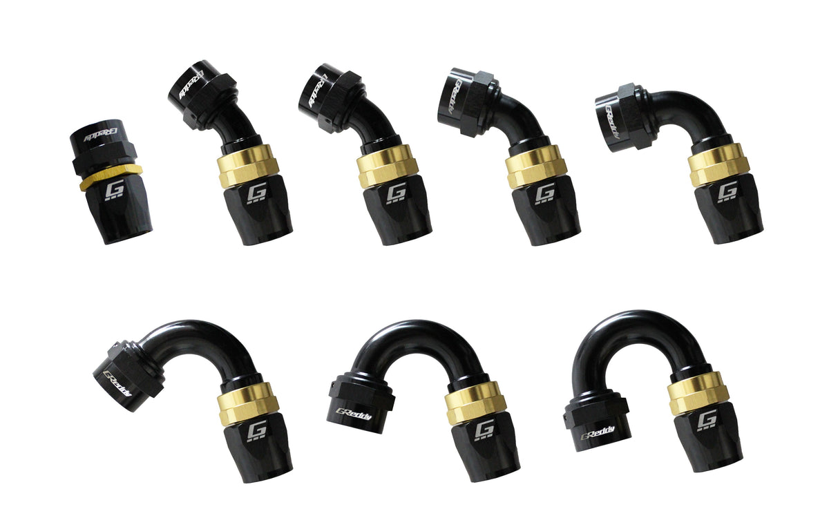GReddy -08 AN Swivel Hose Ends - Black / Gold — image 1