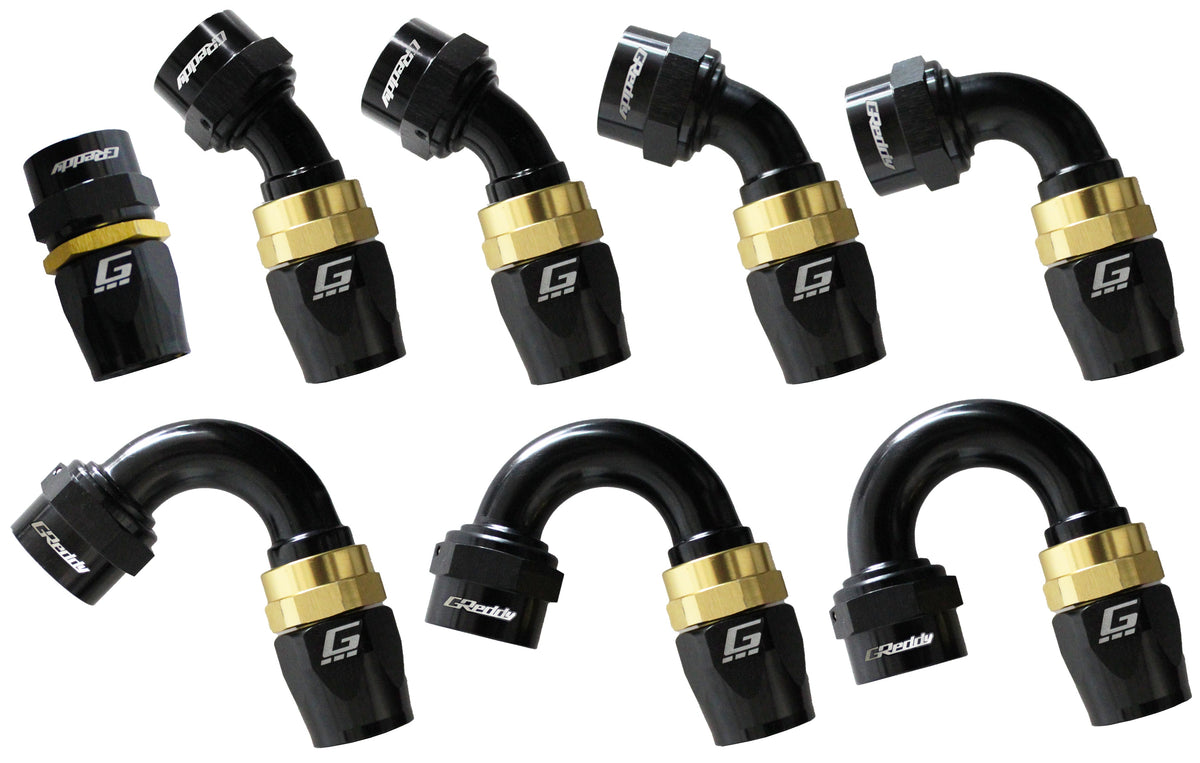 GReddy -12 AN Swivel Hose Ends - Black / Gold — image 1